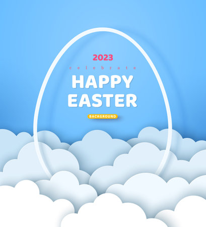 Happy Easter border. Beautiful paper cut clouds with white egg shape frame on blue sky background. Vector illustration. Place for text. Holiday banner, flyer poster, brochure design template layout.のイラスト素材