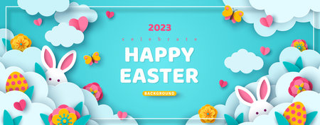 Horizontal banner with paper cut clouds, rabbit, eggs and hearts, blue sky background, papercut craft art. Place for text. Happy Easter day sale concept, voucher template with square frame.のイラスト素材