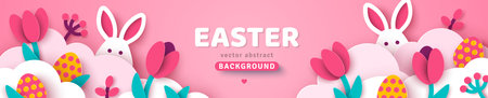 Easter long banner card, bunny rabbit, eggs tulips and white clouds, spring border frame. Modern concept pink background. Vector illustration. Place for text. Hare head with ears, paper cut header.のイラスト素材