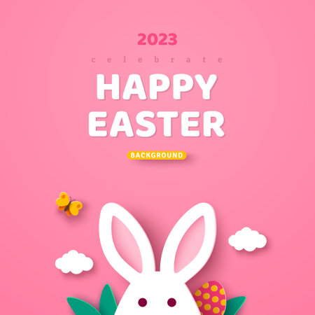 Easter card with bunny rabbit head, spring clouds and butterfly on pink background. Vector illustration. Place for your text. Holiday banner, flyer or poster, brochure design template layout.のイラスト素材