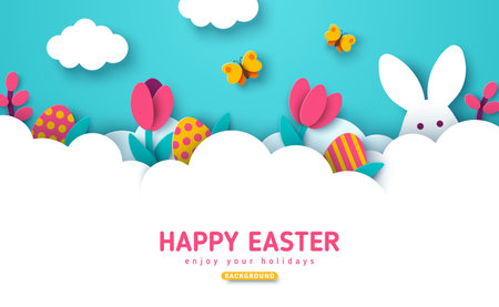 Easter card, bunny rabbit, eggs flowers and butterfly in white clouds, spring border frame. Modern concept background. Vector illustration. Place for text. Hare head with ears, paper cut header.のイラスト素材