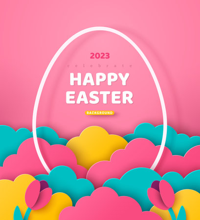 Happy Easter border. Beautiful paper cut clouds with flowers, white egg shape frame on pink background. Vector illustration. Place for text. Holiday banner, poster, brochure design template layout.のイラスト素材
