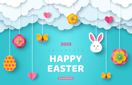 Happy Easter day sale header or voucher template with hanging hearts, flowers, bunny rabbit and egg. Poster banner with blue sky and paper cut clouds. Place for text.のイラスト素材