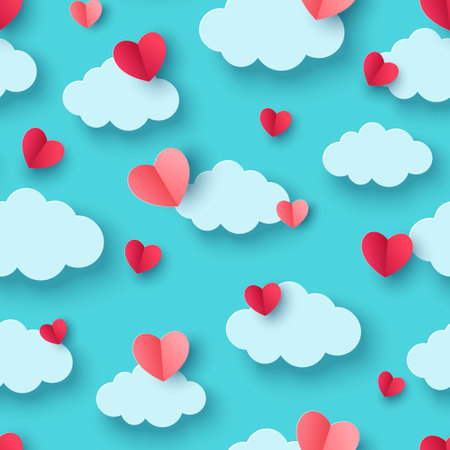 Blue sky, hearts and paper cut clouds. Happy Valentines day seamless pattern. Papercut style, cute childish ornament wallpaperのイラスト素材
