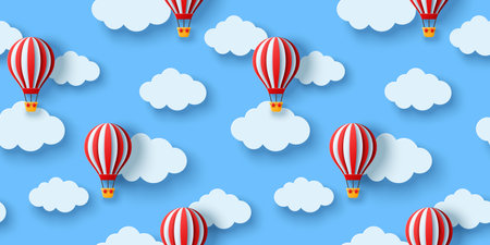 Seamless pattern with hot air balloons and clouds. Vector illustration. Cute baby boy wallpaper, childish adventure textureのイラスト素材