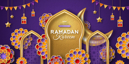 Ramadan Kareem concept banner, gold 3d frame arab window on night sky background, beautiful arabesque pattern. Vector illustration. Golden crescent, stars, flag garland. Place for text. Muslim posterのイラスト素材
