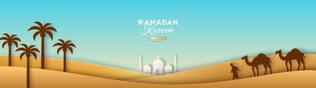 Ramadan Kareem vector illustration, desert scenery, bright sky with camel caravan, dates tree and caravan. Mosque concept banner, poster or header for Hajj. Yellow Sahara sand,のイラスト素材