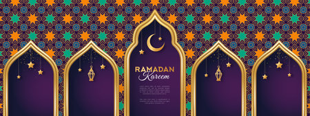 Ramadan Kareem concept banner with gold 3d frame, arab window on ornament background, beautiful arabesque pattern. Vector illustration. Hanging golden arabian traditional lanterns, crescent and starsのイラスト素材