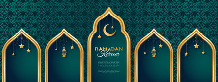Ramadan Kareem concept banner with gold 3d frame, arab window on dark background with beautiful arabesque pattern. Vector illustration. Hanging golden arabian traditional lanterns, crescent and starsのイラスト素材