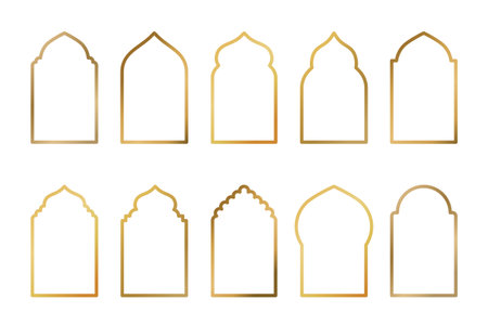 Set of gold flat arab window frame silhouettes. Vector illustration. Ramadan Kareem labels for invitation card template. Arabic traditional architecture icons.のイラスト素材