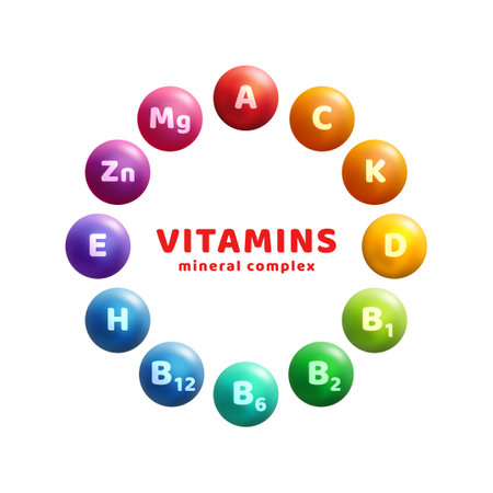 Multi Vitamin complex icons, banner flyer. Vector illustration. Place for text. Multivitamin supplement, b1, d, e, mg, c, zinc, magnesium. Diet infographics poster. Colorful pillsのイラスト素材
