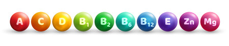 Multi Vitamin complex icons set. Vector illustration. Multivitamin supplement, b1, d, e, mg, c, zinc, magnesium. Diet poster Colorful pills capsuleのイラスト素材