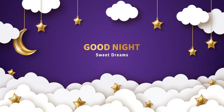 Good night and sweet dreams banner. Fluffy clouds on dark sky background with gold moon and hanging 3d stars. Vector illustration. Paper cut style. Place for text. Ramadan Sale Poster Templateのイラスト素材