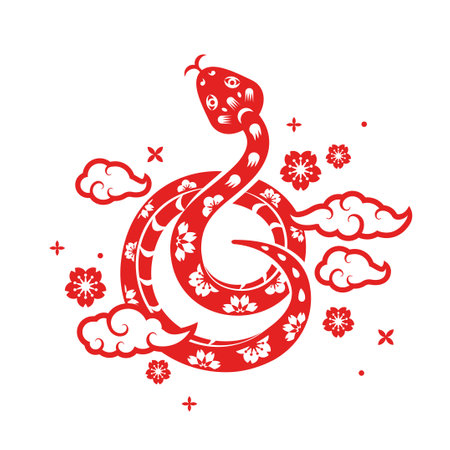 Chinese Snake red logo, flowers and Asian clouds, traditional paper cut style. Vector illustration. China lunar calendar animal 2025 Happy New year. Asian tattoo, floral spring patternのイラスト素材