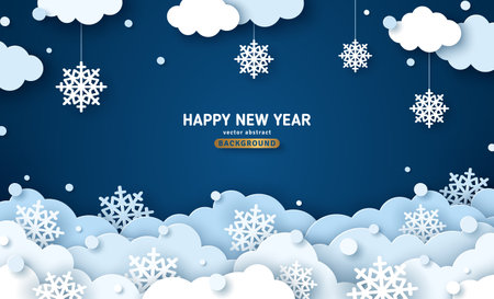 Paper cut clouds with snowflakes on blue sky background. Snowy winter holiday banner for Christmas and New Year Design. Vector illustration. Snowdrift night scene, cute kids baby posterのイラスト素材