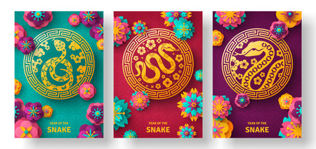 2025 Chinese New Year Greeting Card set, two sides poster, flyer design. Paper cut Sakura Flowers and clouds background. Vector illustration. Snake character. Lunar Asian knot, Japanese spring menuのイラスト素材