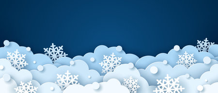 Paper cut clouds with snowflakes on blue sky background. Snowy winter holiday banner for Christmas and New Year Design. Vector illustration. Snowdrift night scene, cute kids baby posterのイラスト素材