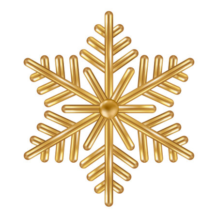 3d gold snowflake. Bronze realistic Merry Christmas decoration isolated on white background. Golden Xmas icon. Vector illustration. Snow flake shape bauble, modern winter symbolのイラスト素材