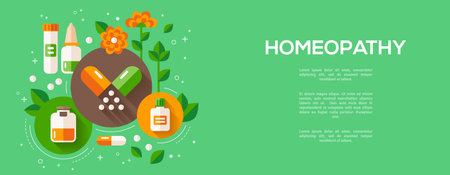 Homeopathic banner, natural pill icon set, organic natural treatment on green background. Vector illustration. Homeopathy herbal pharmacy poster, naturopathy herb medicine concept. Place for textのイラスト素材