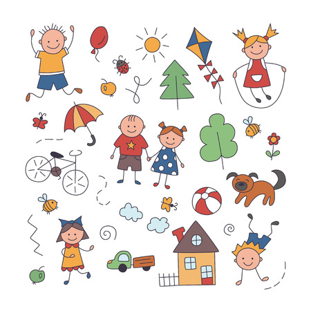 Children in the village in doodle and cartoon style.のイラスト素材