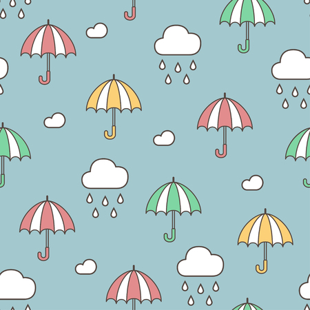 Ain, clouds and umbrellas. Seamless pattern. Colorful vector hand drawn doodle cartoon.のイラスト素材