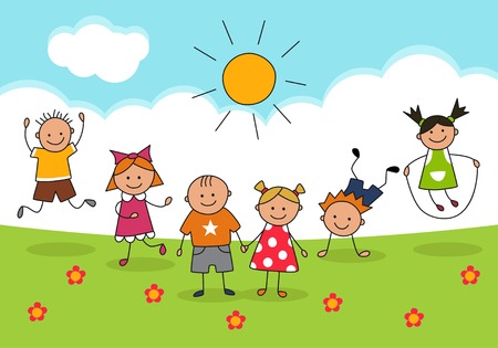 Happy kids and sunny day. Illustration in doodle and cartoon style. Vector. EPS 8のイラスト素材