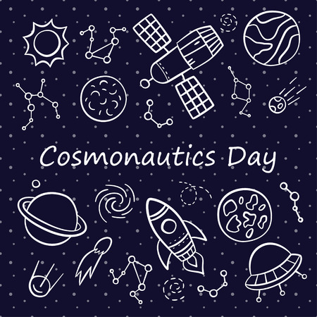 Cosmonautics Day. Card. Set of elements in doodle and cartoon style. Vector. EPS 10のイラスト素材