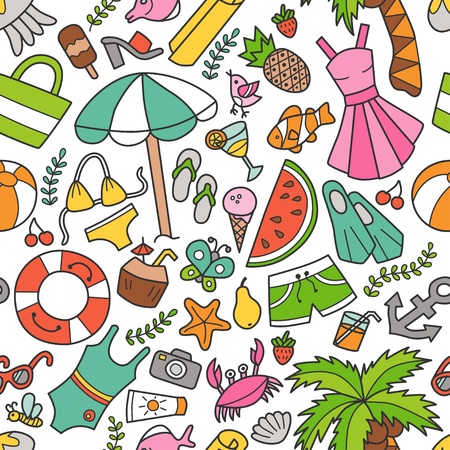 Sea and summer seamless pattern in doodle and cartoon style illustration.のイラスト素材