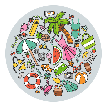 Sea and summer circular banner in doodle and cartoon style illustration.のイラスト素材