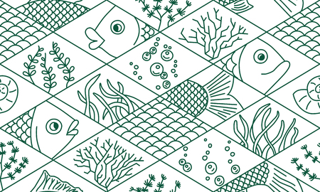 Fish and seaweed. Rhombuses. Seamless pattern. Vector hand drawn doodle cartoonのイラスト素材