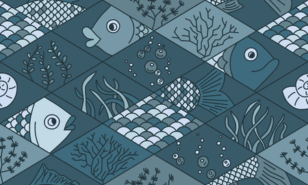 Fish and seaweed. Rhombuses. Seamless pattern. Vector hand drawn doodle cartoonのイラスト素材