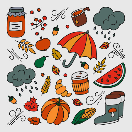 Autumn and rain. Set of elements in doodle and cartoon style. Color. Vector. EPS 8のイラスト素材