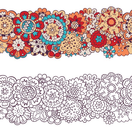 Flowers Horizontal seamless pattern in doodle and cartoon style. Colorful and contour. Vector. EPS 8のイラスト素材