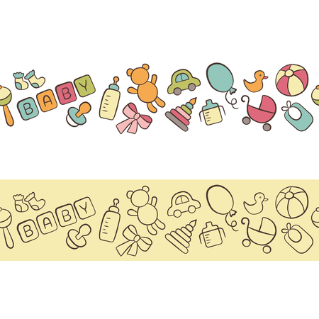Baby. Newborn. Cute horizontal seamless pattern in doodle and cartoon style.のイラスト素材