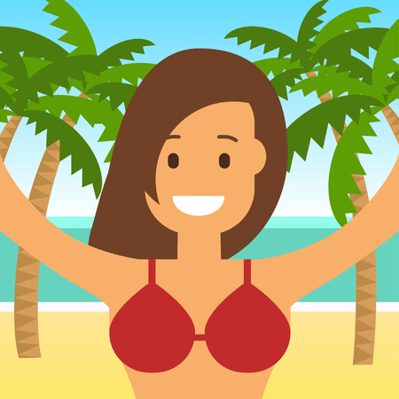 Young happy girl on the beach and sea. Selfie. Vector illustration in flat stile. EPS 10のイラスト素材