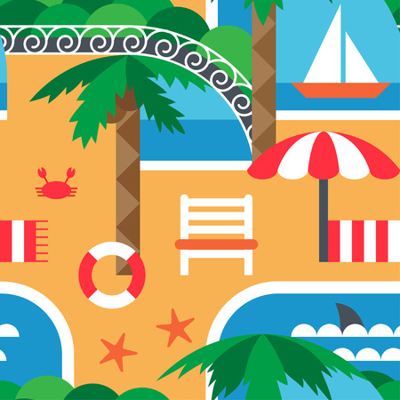South summer sea and beach. Resort. Abstract seamless pattern in a flat style. Vectorのイラスト素材