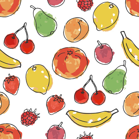 Fruits and berries. Imitation of watercolor. Seamless pattern in doodle and cartoon style. Vector. EPS 10のイラスト素材