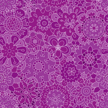 Hand-drawn flowers. Seamless pattern in doodle and cartoon style. Purple. Vector. EPS 8のイラスト素材