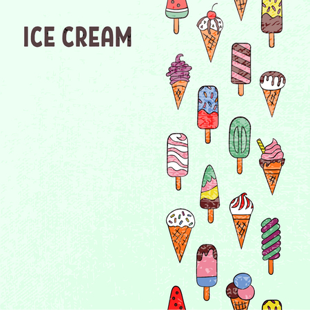 Ice cream, eskimo, waffle cone. Vector illustration in doodle and cartoon style. Colorful. Design for corporate identity, booklet, menu, advertising, shop, cafeのイラスト素材