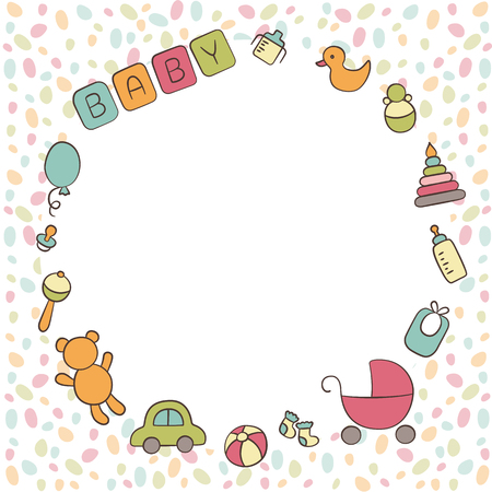 Baby. Newborn. Cute round frame in doodle and cartoon style. Vector. Card for printing, banner, photo album and otherのイラスト素材