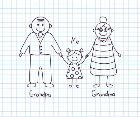 Happy grandparents and granddaughter. Childrens drawing. Vector illustration in cartoon and doodle style. Isolatedのイラスト素材