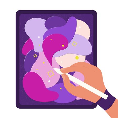 Graphics tablet, pencil tool and hand. Designer illustrator draws abstract background. Modern equipment. Vector illustration in flat and cartoon styleのイラスト素材