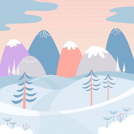 Winter landscape with snow, mountains, hills and fir trees. Cute picture for greeting cards, postcards, banners, posters. Background. Vector illustration in cartoon style with texturesのイラスト素材