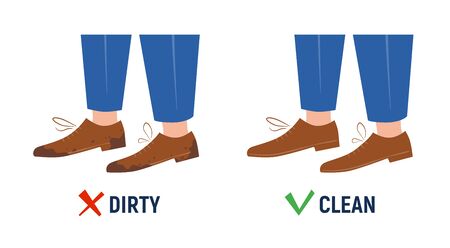 Dirty and clean shoes. Before and after. Isolated sign on white background. Vector illustration in flat and cartoon styleのイラスト素材
