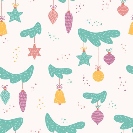 Toys on Christmas tree. New Year balls. Seamless pattern for Christmas decoration. Vector illustration in cartoon and scandinavian styleのイラスト素材