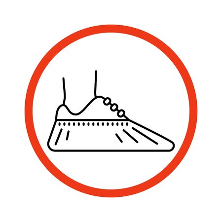 Shoe covers icon in the red circle. Protective medical covers. Sign notice isolated on white. Vector illustration in line styleのイラスト素材