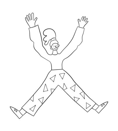 Happy positive woman jumping in the air with raised hands. Trendy girl. Vector illustration in doodle style on white background. Isolatedのイラスト素材