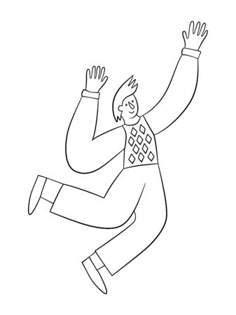 Cheerful positive man jumping in the air with raised hands. Trendy people. Vector illustration in doodle style on white background. Isolatedのイラスト素材