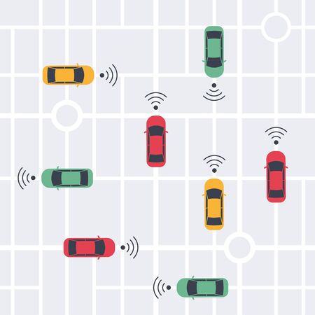 Driverless smart Car, autonomous vehicle, auto with autopilot with wireless waves and city map background. Top view. Vector illustration in flat styleのイラスト素材