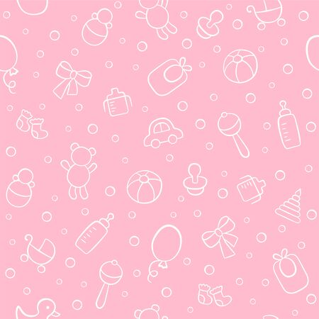 Baby cute seamless pattern. Pink girl texture. Kid background. Vector illustration in doodle style.のイラスト素材